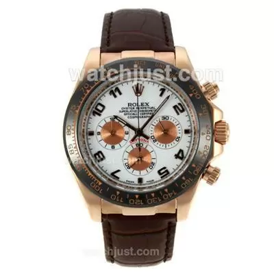 Rolex Daytona Working Rose Gold Case Ceramic Bezel With White Dial Number Markers Leather Strap