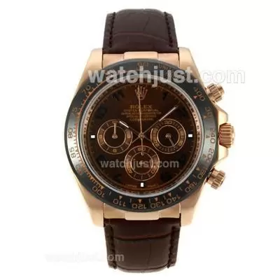 Rolex Daytona Working Rose Gold Case Ceramic Bezel With Brown Dial Number Markers Leather Strap