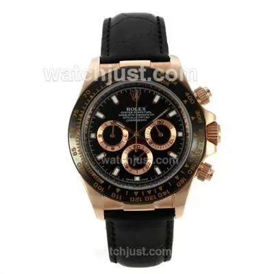 Rolex Daytona Working Rose Gold Case Ceramic Bezel With Black Dial Leather Strap