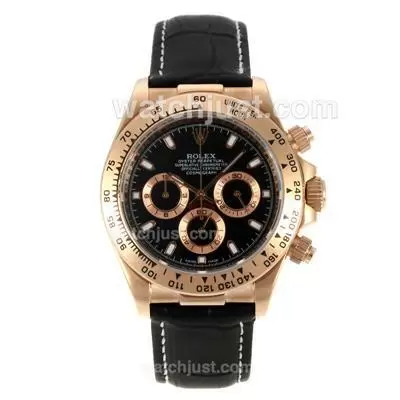 Rolex Daytona Working Rose Gold Case With Black Dial Leather Strap