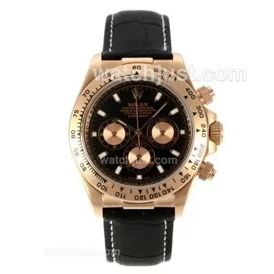 Rolex Daytona Working Rose Gold Case With Black Dial Leather Strap