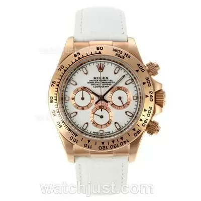 Rolex Daytona Working Rose Gold Case With White Dial Leather Strap