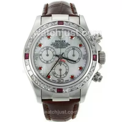 Rolex Daytona Automatic Movement Cz Diamond Bezel Red Diamond Markers With Mop Dial Brown Leather Strap