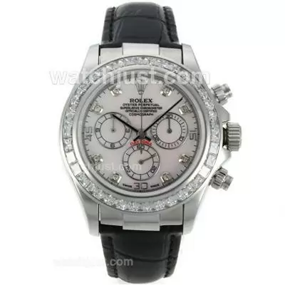 Rolex Daytona Automatic Movement Cz Diamond Bezel Diamond Markers With Mop Dial Black Leather Strap