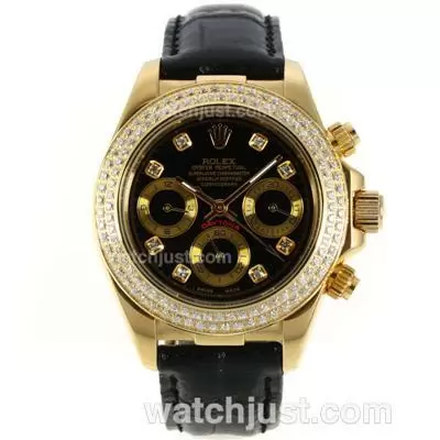 Rolex Daytona Automatic Gold Case Diamond Bezel And Markers With Black Dial Leather Strap