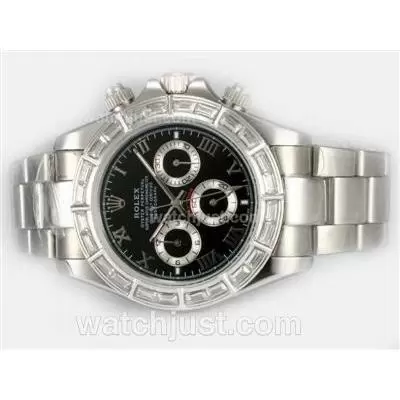 Rolex Daytona Automatic Baguette Cz Diamond Bezel With Black Dial Roman Marking