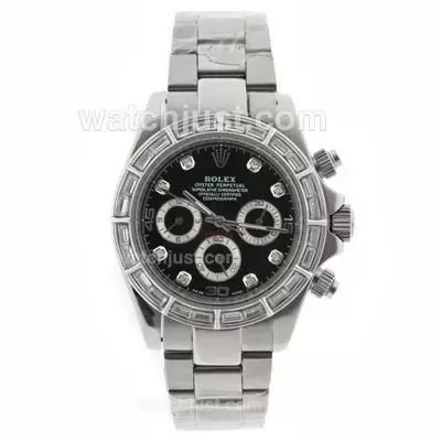 Rolex Daytona Automatic Baguette Cz Diamond Bezel With Black Dial Diamond Marking