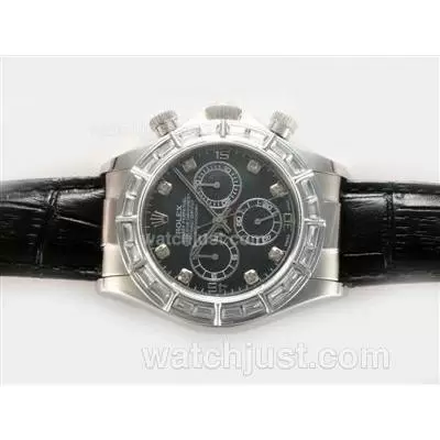 Rolex Daytona Automatic Movement With Baguette Cz Diamond Bezel Black Mop Dial