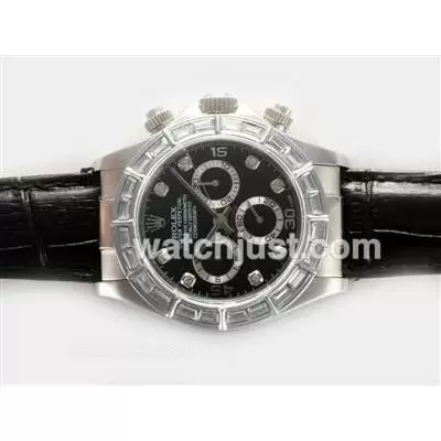 Rolex Daytona Automatic Movement With Baguette Cz Diamond Bezel Black Dial