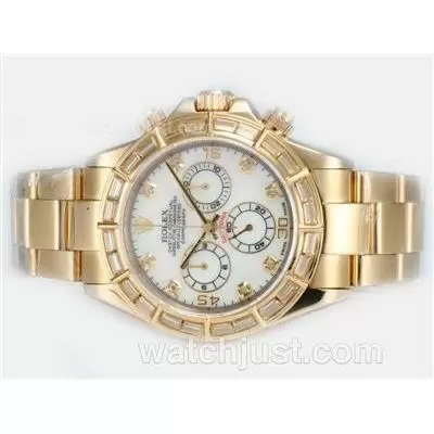 Rolex Daytona Automatic Movement Full Gold With Baguette Cz Diamond Bezel Mop Dial