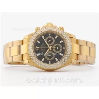 Rolex Daytona Working Full Gold Diamond Bezel With Black Dial Stick Marking Sapphire Glass