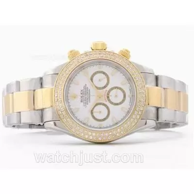 Rolex Daytona Working Two Tone Diamond Bezel With White Dial Stick Marking Sapphire Glass