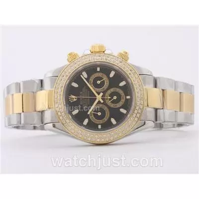 Rolex Daytona Working Two Tone Diamond Bezel With Black Dial Stick Marking Sapphire Glass