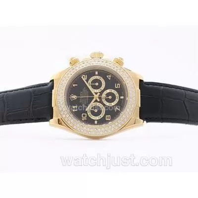 Rolex Daytona Working Golden Case Black Dial With Arabic Numerals Diamond Bezel