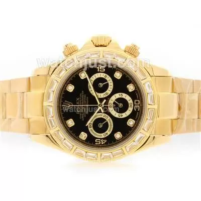 Rolex Daytona Working Full Gold Cz Diamond Bezel With Black Dial Diamond Marking