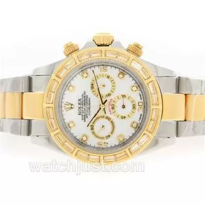 Rolex Daytona Working Two Tone Cz Diamond Bezel With White Dial Diamond Marking