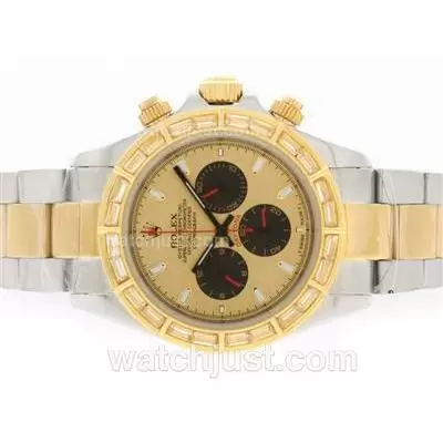 Rolex Daytona Working Two Tone Cz Diamond Bezel With Golden Dial Stick Marking