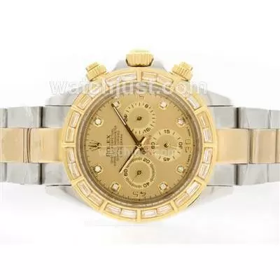 Rolex Daytona Working Two Tone Cz Diamond Bezel With Golden Dial Diamond Marking