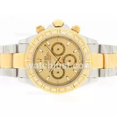 Rolex Daytona Working Two Tone Cz Diamond Bezel With Golden Dial Stick Marking