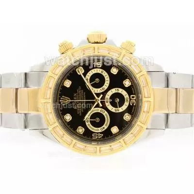 Rolex Daytona Working Two Tone Cz Diamond Bezel With Black Dial Diamond Marking