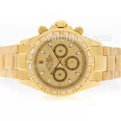 Rolex Daytona Working Full Gold Cz Diamond Bezel With Golden Dial Stick Marking