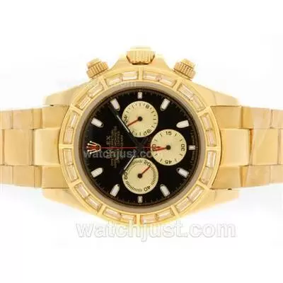 Rolex Daytona Working Full Gold Cz Diamond Bezel With Black Dial Stick Marking