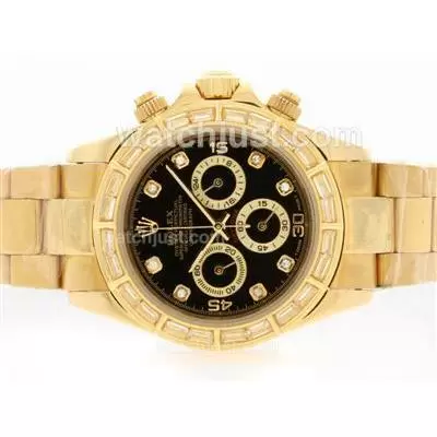 Rolex Daytona Working Full Gold Cz Diamond Bezel With Black Dial Diamond Marking