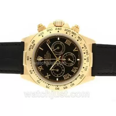 Rolex Daytona Working Gold Case Roman Marking With Black Dial Leather Strap