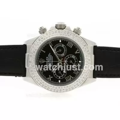 Rolex Daytona Working Diamond Bezel Roman Marking With Black Dial Leather Strap