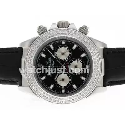 Rolex Daytona Working Diamond Bezel Stick Marking With Black Dial Leather Strap