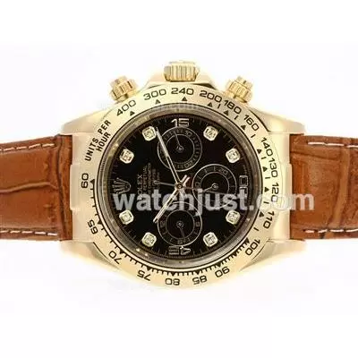 Rolex Daytona Automatic Gold Case Diamond Markers With Black Dial Leather Strap