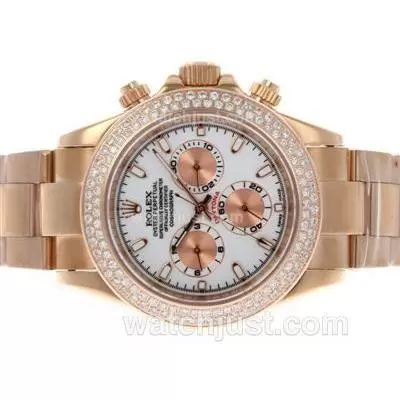 Rolex Daytona Automatic Full Rose Gold Diamond Bezel With White Dial