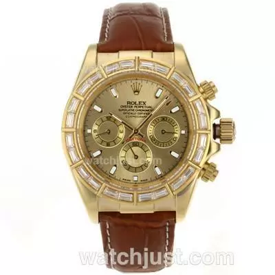 Rolex Daytona Automatic Gold Case Cz Diamond Bezel Stick Markers With Golden Dial