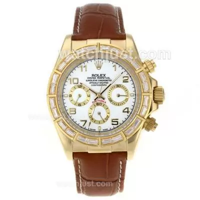 Rolex Daytona Automatic Gold Case Cz Diamond Bezel Number Markers With White Dial