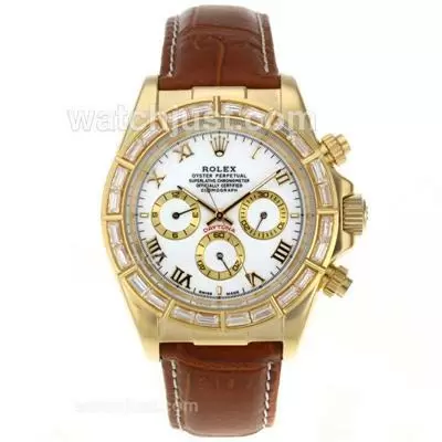 Rolex Daytona Automatic Gold Case Cz Diamond Bezel Roman Markers With White Dial