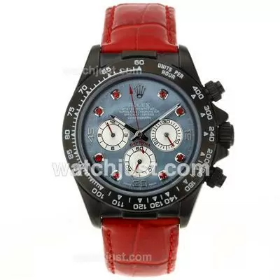 Rolex Daytona Working Pvd Case Red Diamond Markers With Blue Mop Dial Red Leather Strap