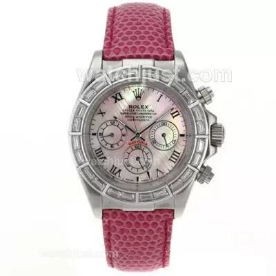 Rolex Daytona Automatic Cz Diamond Bezel Roman Markers With Pink Mop Dial Pink Leather Strap