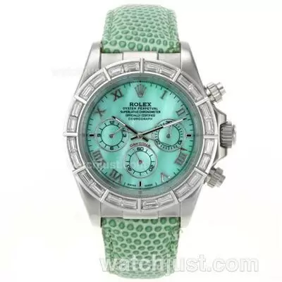 Rolex Daytona Automatic Cz Diamond Bezel Roman Markers With Green Mop Dial Green Leather Strap