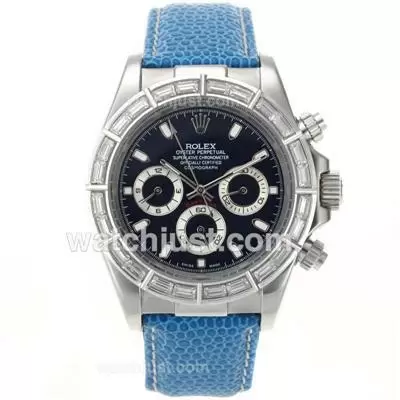 Rolex Daytona Automatic Cz Diamond Bezel Stick Markers With Blue Dial Blue Leather Strap