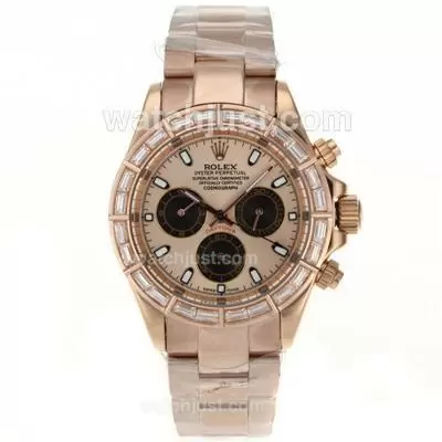 Rolex Daytona Automatic Full Rose Gold Cz Diamond Bezel Stick Markers With Champagne Dial