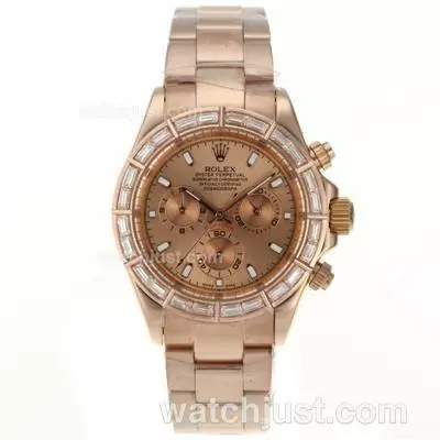 Rolex Daytona Automatic Full Rose Gold Cz Diamond Bezel Stick Markers With Champagne Dial