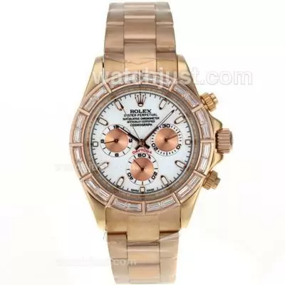 Rolex Daytona Automatic Full Rose Gold Cz Diamond Bezel Stick Markers With White Dial