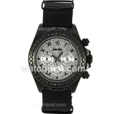 Rolex Daytona Working Pvd Case Black Diamond Bezel Roman Markers With Diamond Dial Nylon Strap