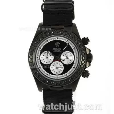 Rolex Daytona Working Pvd Case Black Diamond Bezel With Black Dial Nylon Strap