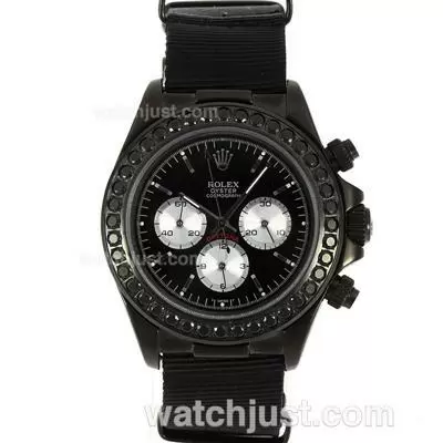 Rolex Daytona Working Pvd Case Black Diamond Bezel Stick Markers With Black Dial Nylon Strap