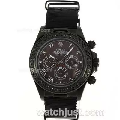 Rolex Daytona Working Pvd Case Black Diamond Bezel Roman Markers With Black Mop Dial Nylon Strap