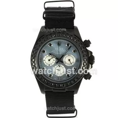 Rolex Daytona Working Pvd Case Black Diamond Bezel And Markers With Blue Mop Dial Nylon Strap