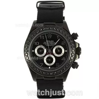 Rolex Daytona Working Pvd Case Black Diamond Bezel Number Markers With Black Dial Nylon Strap