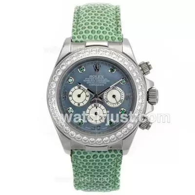 Rolex Daytona Working Diamond Bezel And Green Diamond Markers With Blue Mop Dial Green Leather Strap