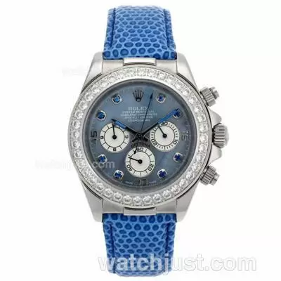 Rolex Daytona Working Diamond Bezel And Blue Diamond Markers With Blue Mop Dial Blue Leather Strap